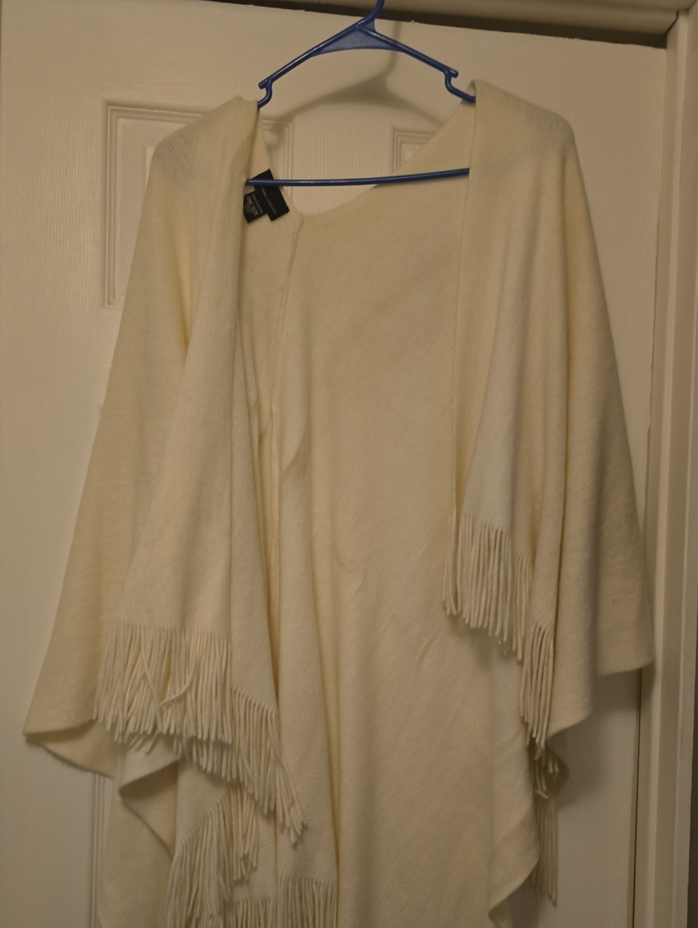 New York & Company Cream Fringe Open-Front Poncho